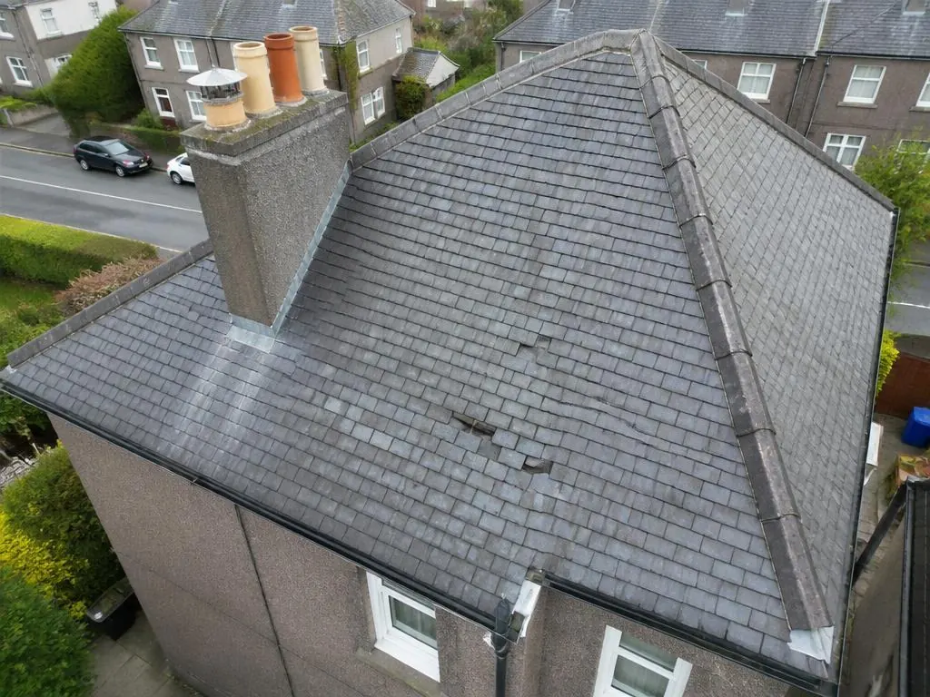 Aerial photograph of a slate roof used to demonstrate an annotated survey